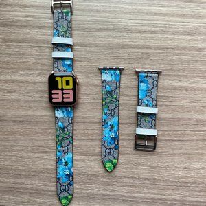 Leather Apple Watch Band Luxury Designer Flower Blue 38mm 40mm 42mm 44mm Silver